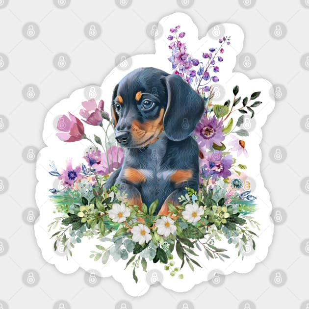 Wild Flower Dachshund Puppy Sticker by Weenie Riot